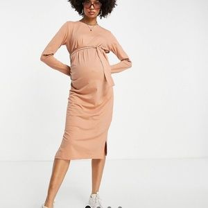 NWT! women's Threadbare Maternity tie belt long sleeve midi dress taupe 10 baby